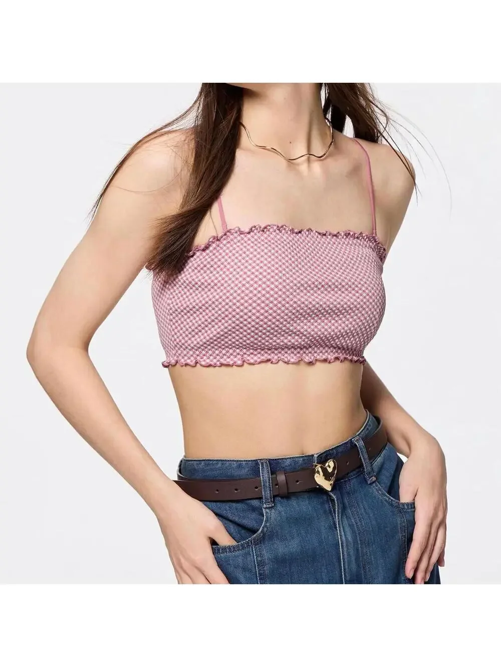Uniqlo GU Gingham Check 2Way Bandeau Pink Crop Top NWT Small